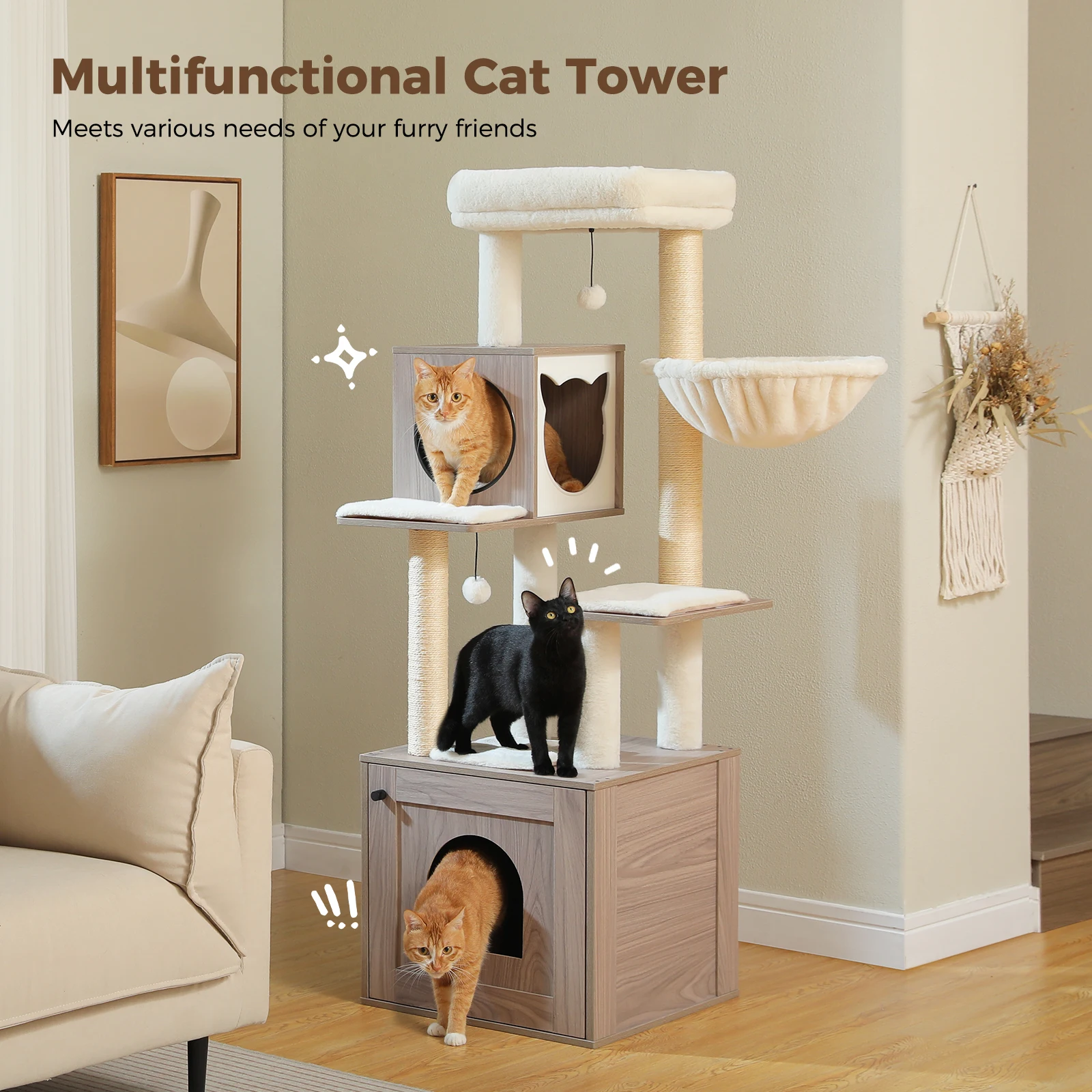 Wood Cat Tree with Storage Cabinet - Image 1