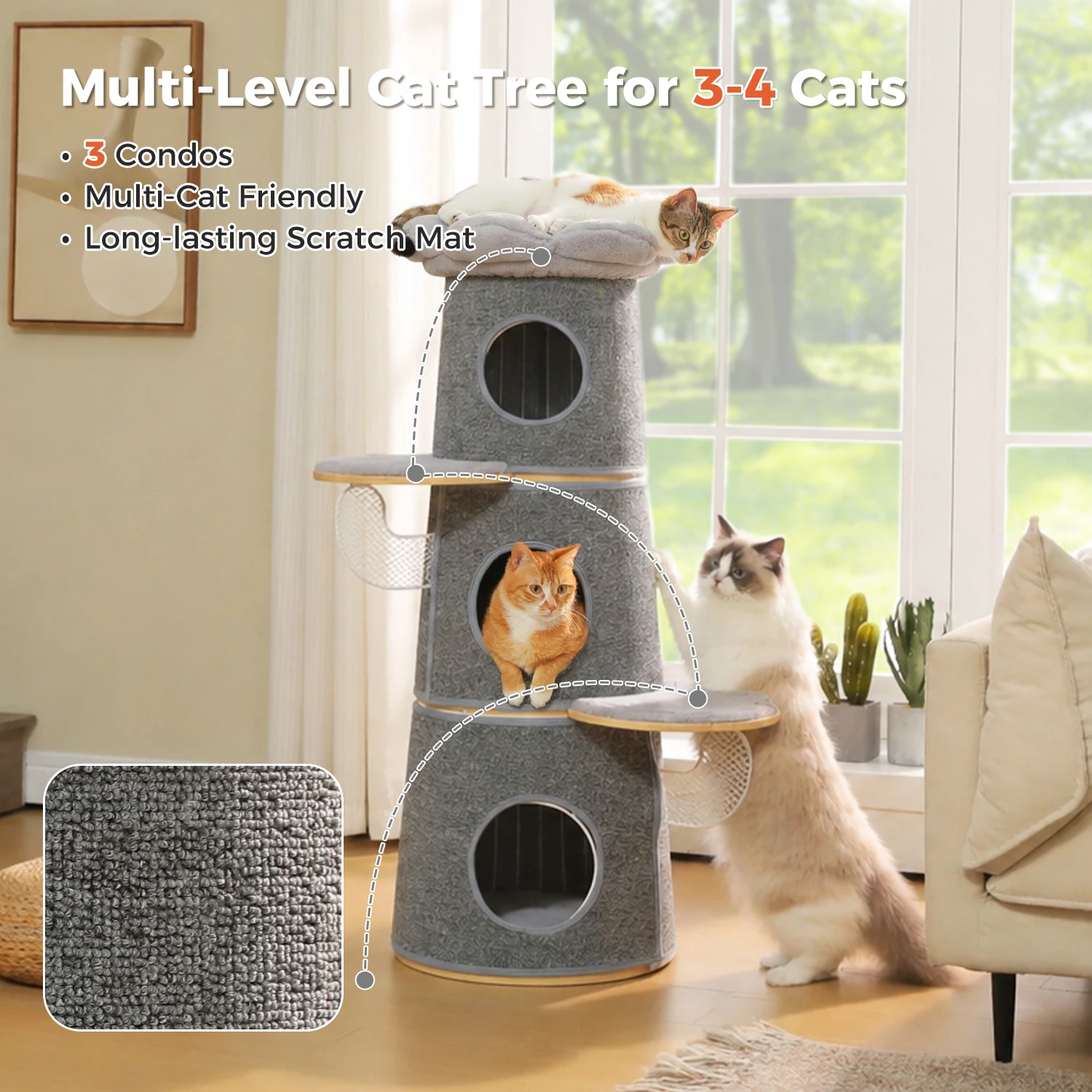 Modern Cat Tree with 3 Large Condos Aesthetic Cat Tower - Image 5